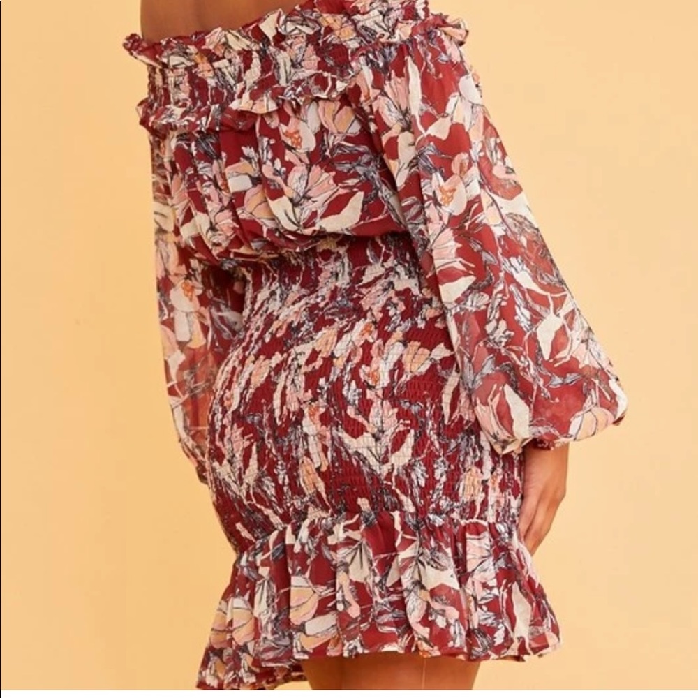 Boutique Floral Scrunch Off the Shoulder Dress